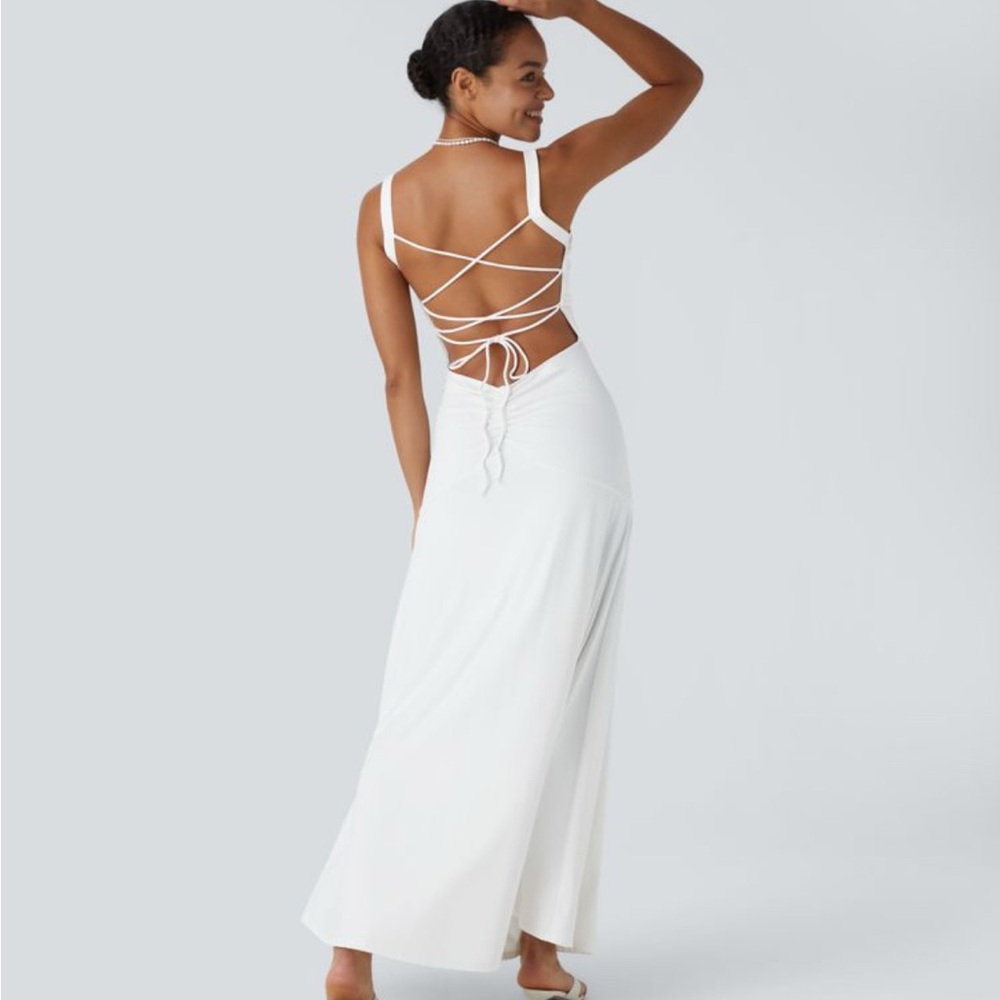 HALARA White Backless Maxi Dress with Lace-Up Straps